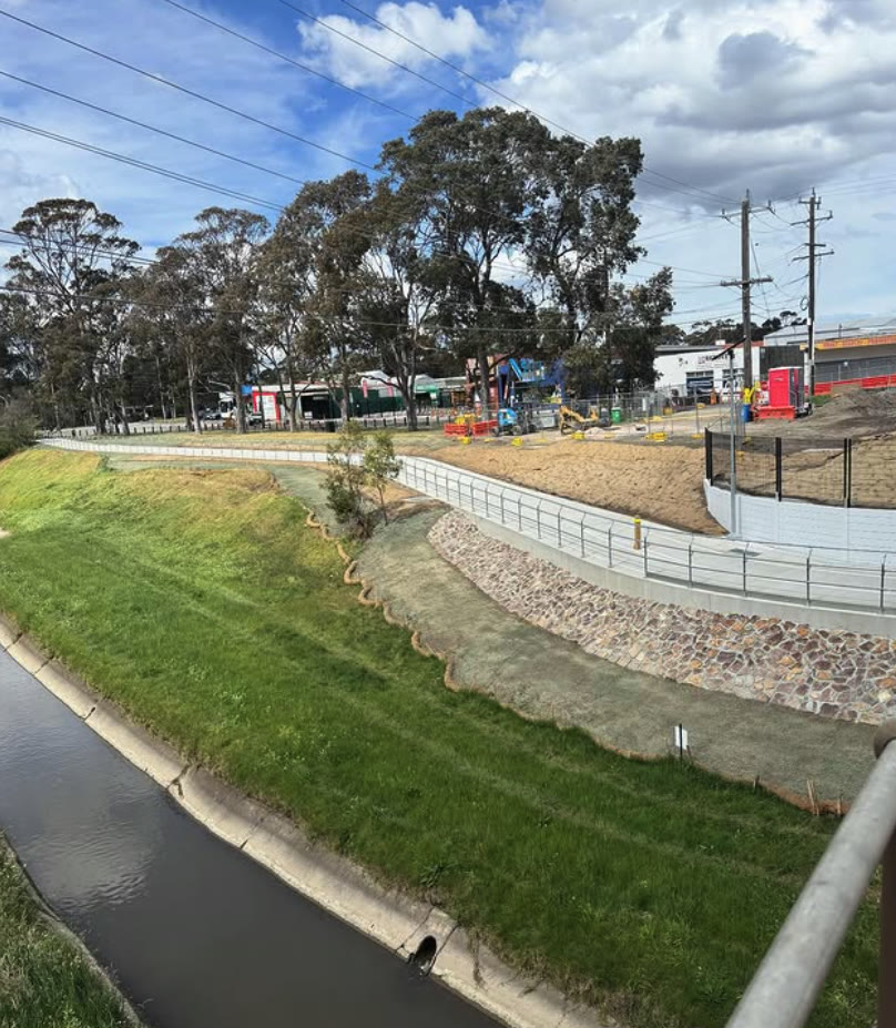 Retaining wall and rock beaching works along the waterway at Webster Street, Dandenong